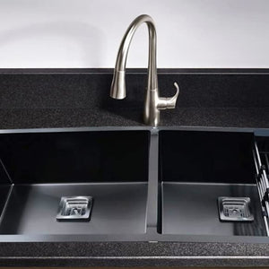 ZAP 45x20 cm Double Bowl Kitchen Sink – Black Finish Stainless Steel with Dual Water Aerator, Drainer & Fruit Basket, Waste Coupling & Pipe | Zero Radius Corners | Smooth Drainage | Noise Reduction