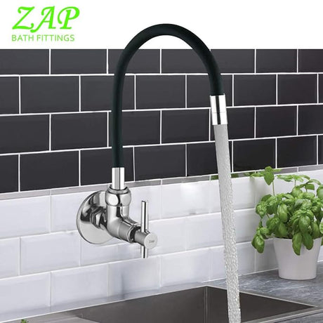 ZAP Terrim Flexible Kitchen Sink Tap with Pull-Down Sprayer | 360° Rotatable Silicone Faucet | Single Flow Water Outlet | Black | Durable Brass Body