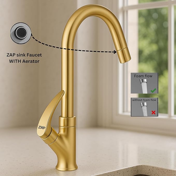 ZAP Rose Gold Swan Neck Kitchen Sink Tap – 360° Swivel Spout, Brass Pillar Faucet for Kitchen & Wash Basin