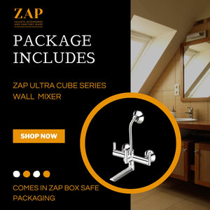 ZAP Ultra Cube Series High Grade 100% Brass 2-in-1 Wall Mixer with Overhead Shower Set and 125mm Long Bend Pipe | Hot/Cold Knobs with Chrome Finish and Faucet Cleaner