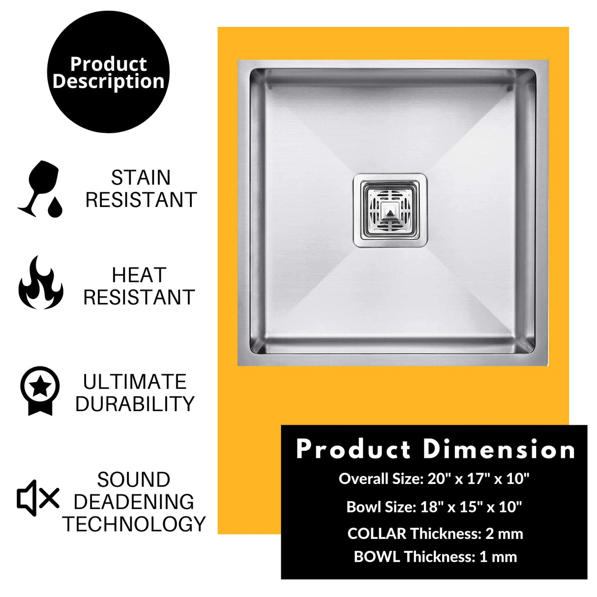 Zap Kitchen Sink Single Bowl 18x16 cm Silver Matt Finish | 304 Stainless Steel | With Sink Drainer Basket, Steel Waste Coupling & Waste Pipe | Smooth Drainage | R Angle Corners | Noise Reduction Pads