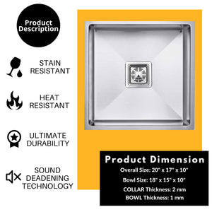Zap Kitchen Sink Single Bowl 18x16 cm Silver Matt Finish | 304 Stainless Steel | With Sink Drainer Basket, Steel Waste Coupling & Waste Pipe | Smooth Drainage | R Angle Corners | Noise Reduction Pads