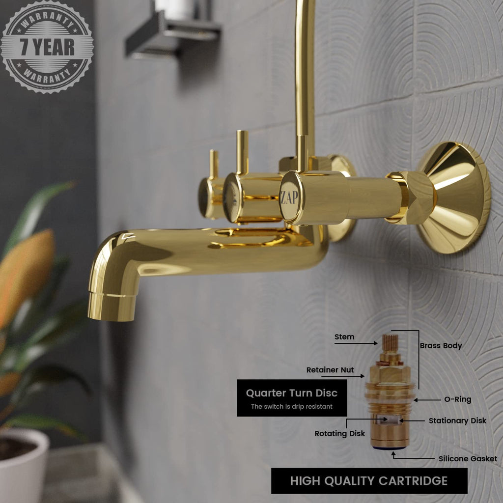 Zap Elixir Gold Series High Grade 100% Brass 2 in 1 Wall Mixer With Overhead Shower Set and 125 mm Long Bend Pipe- Hot/Cold Knobs With Chrome Finish and Faucet Cleaner