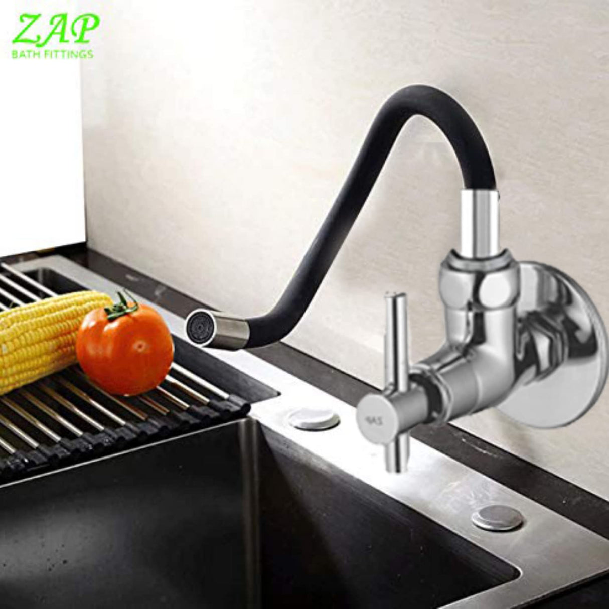 ZAP Terrim Flexible Kitchen Sink Tap with Pull-Down Sprayer | 360° Rotatable Silicone Faucet | Single Flow Water Outlet | Black | Durable Brass Body