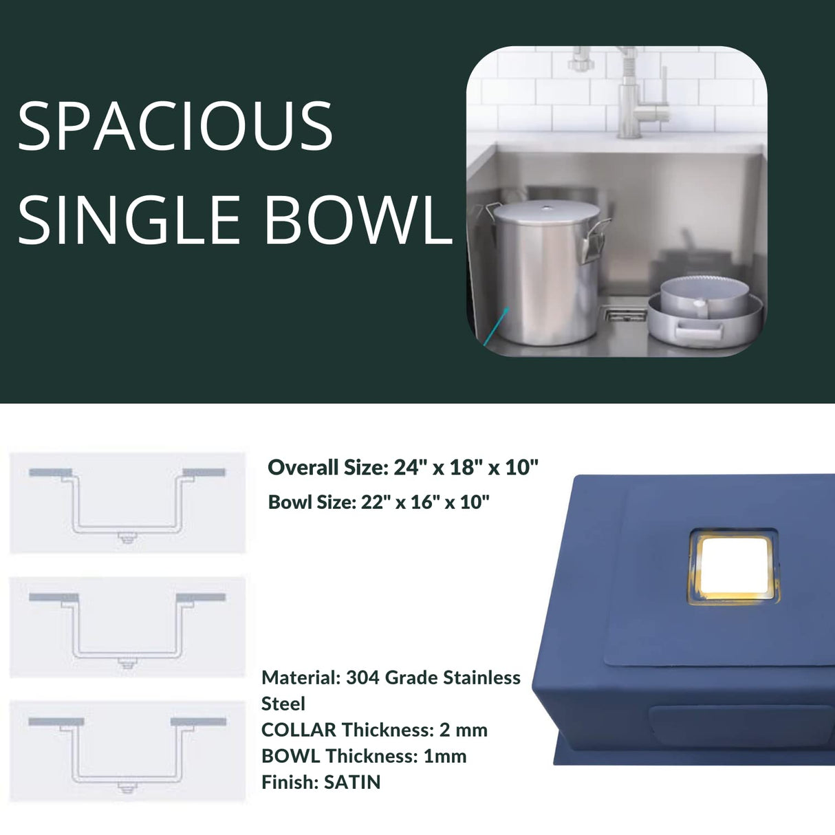 ZAP Handmade Kitchen Sink Single Bowl 24x18x10 Inch | Gold Matte Finish SS-304 Stainless Steel | Includes Waste Coupling, Waste Pipe & Drainer Basket | Spacious, Stain Resistant, Luxury Design