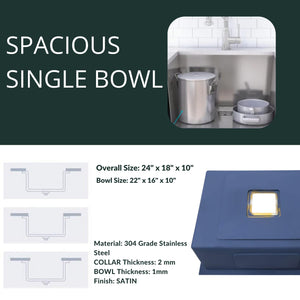 ZAP Handmade Kitchen Sink Single Bowl 24x18x10 Inch | Gold Matte Finish SS-304 Stainless Steel | Includes Waste Coupling, Waste Pipe & Drainer Basket | Spacious, Stain Resistant, Luxury Design
