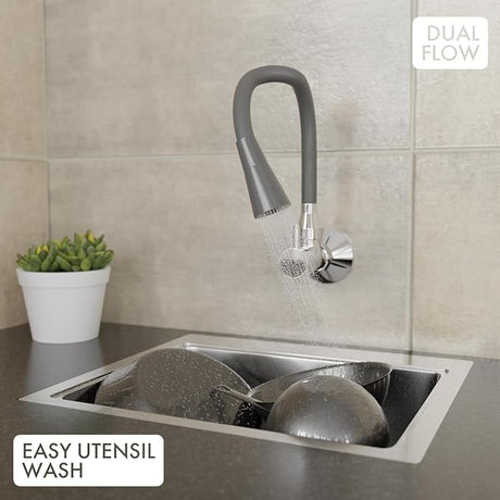 ZAP Elixir Brass Sink Cock | Modern Grey & Chrome Finish Kitchen Faucet | 360° Swivel Spout Tap | Wall Mounted | Rust-Resistant | Dual Flow with Water Saving Aerator | Ideal for Modular Kitchen
