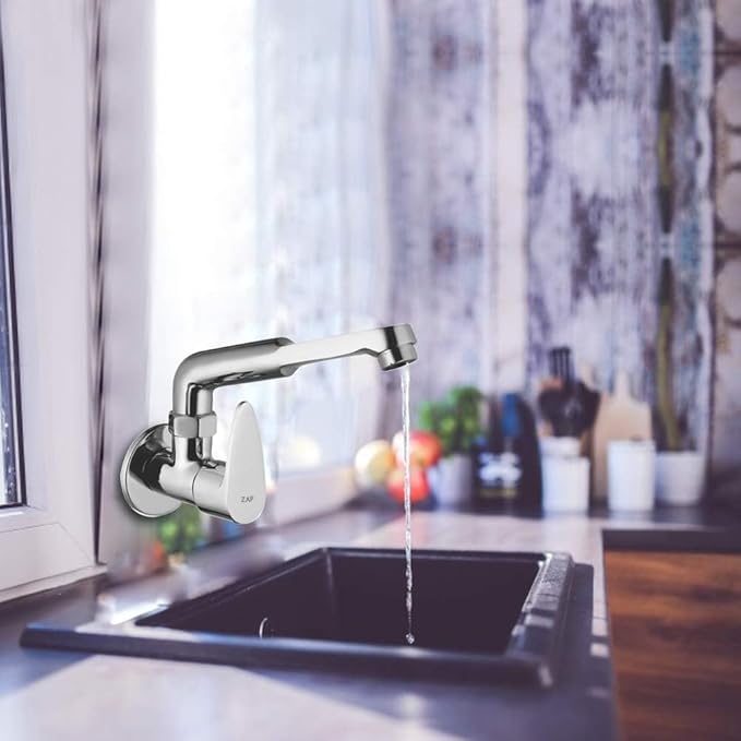 ZAP Brezza Heavy Curve Wall-Mount Kitchen Sink Tap | Chrome Finish | Brass Sink Cock for Home Use | Easy-to-Use Kitchen Faucet