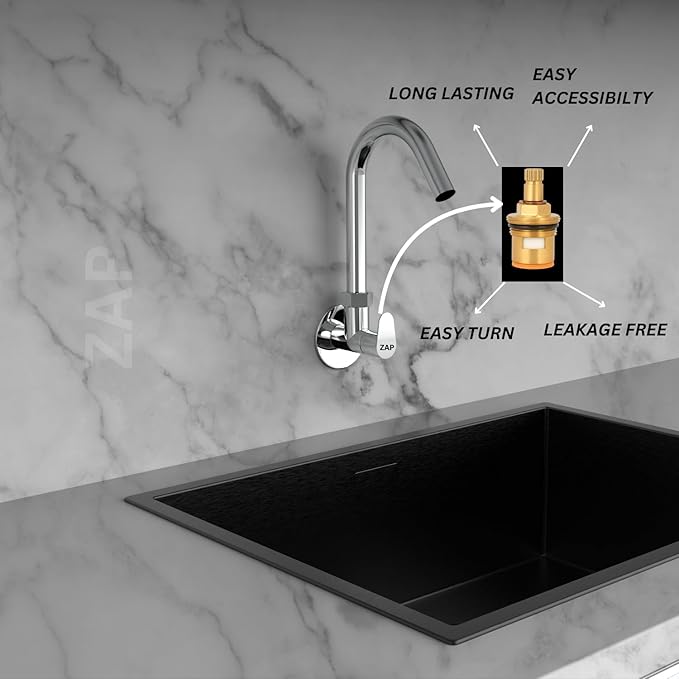 ZAP Pluto Heavy Wall-Mount Kitchen Sink Tap with 360° Swivel Spout | Chrome Finish Brass Sink Cock with Flange | 7-Year Warranty | Kitchen & Basin Tap