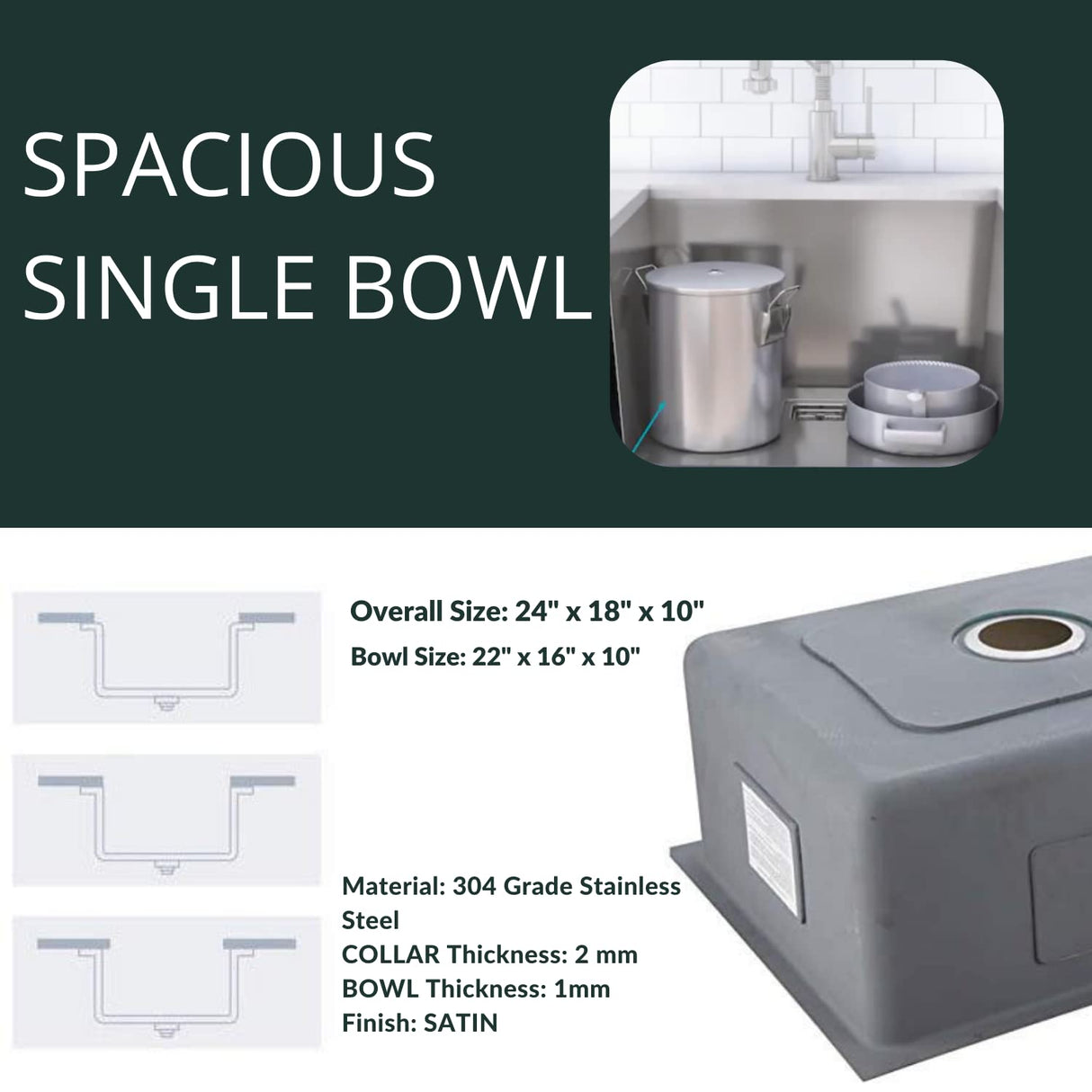 ZAP Spacious Single Bowl Kitchen Sink 24x18x10 Inch | Matte Finish Thick SS-304 Stainless Steel | Includes Steel Waste Coupling, Waste Pipe & Drainer Basket | Durable & Stain Resistant
