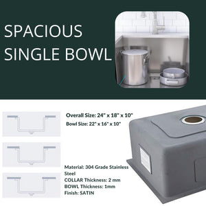 ZAP Spacious Single Bowl Kitchen Sink 24x18x10 Inch | Matte Finish Thick SS-304 Stainless Steel | Includes Steel Waste Coupling, Waste Pipe & Drainer Basket | Durable & Stain Resistant