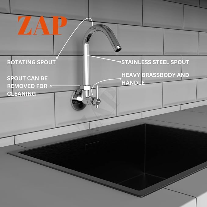 ZAP Terrim Heavy Wall-Mount Kitchen Sink Tap with 360° Swivel Spout | Chrome Finish Brass Sink Cock with Flange | 7-Year Warranty | Kitchen & Basin Faucet