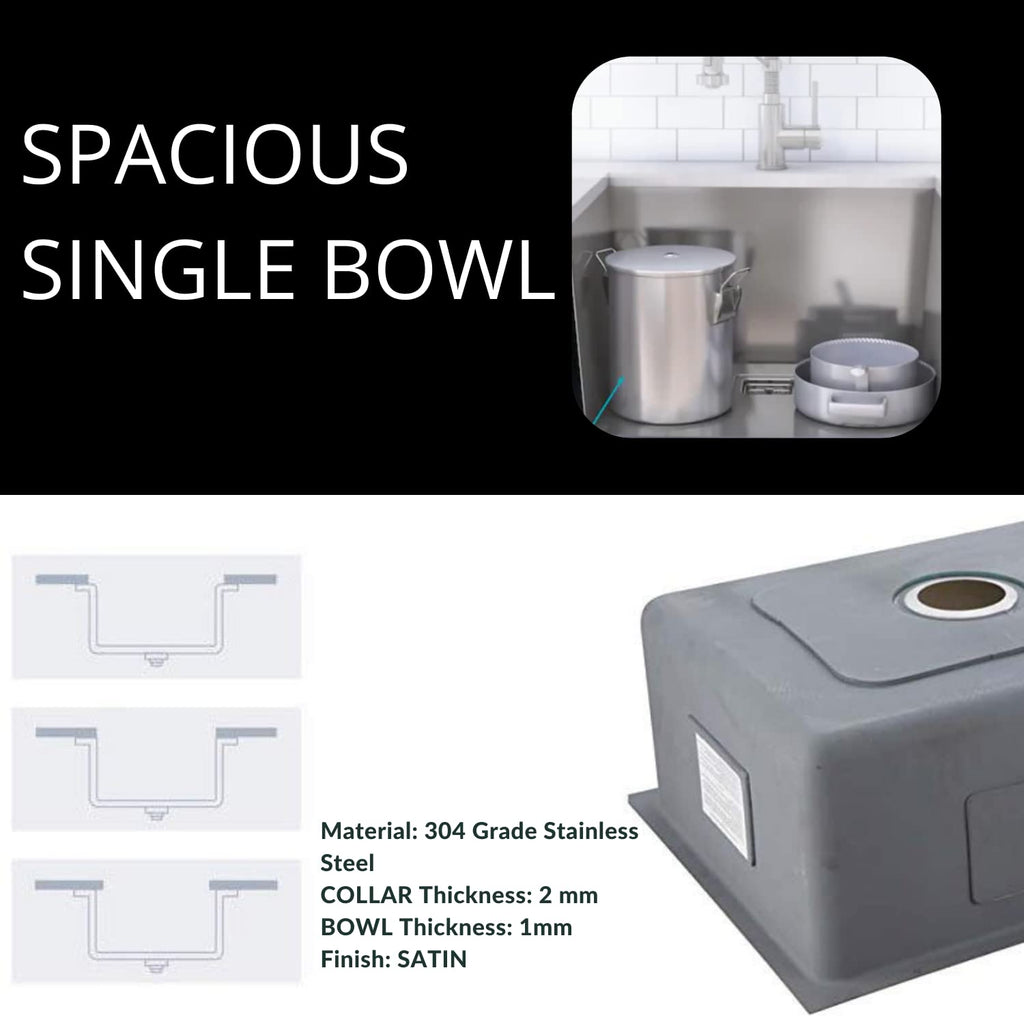 ZAP Spacious Single Bowl Kitchen Sink 18x16x10 Inches | Thick Stainless Steel | Satin Finish | Includes Steel Waste Coupling, Waste Pipe & Sink Drainer Basket | Stain Resistant