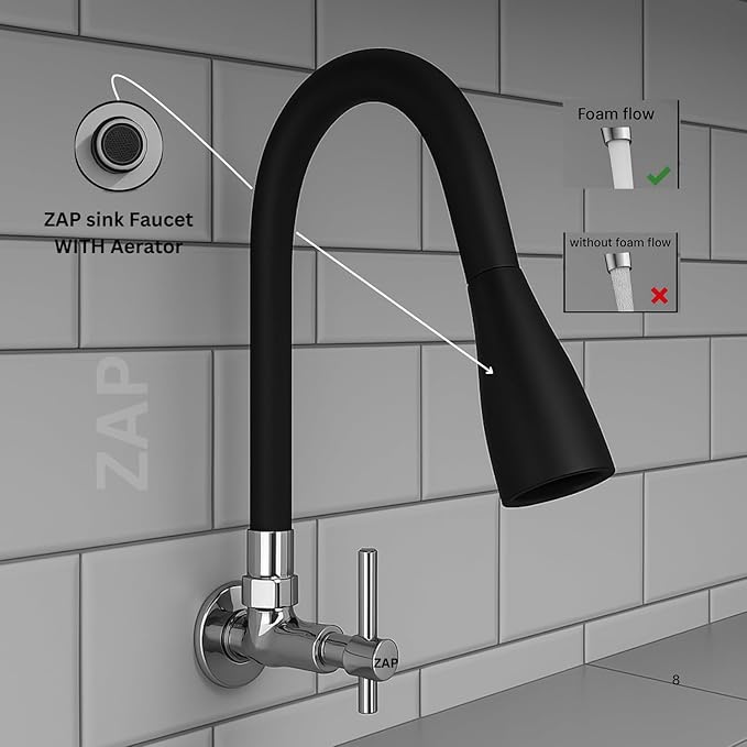 ZAP Terrim Flexible Kitchen Sink Tap with Pull-Down Sprayer | 360° Rotatable Silicone Faucet | Single Flow Water Outlet | Black | Durable Brass Body