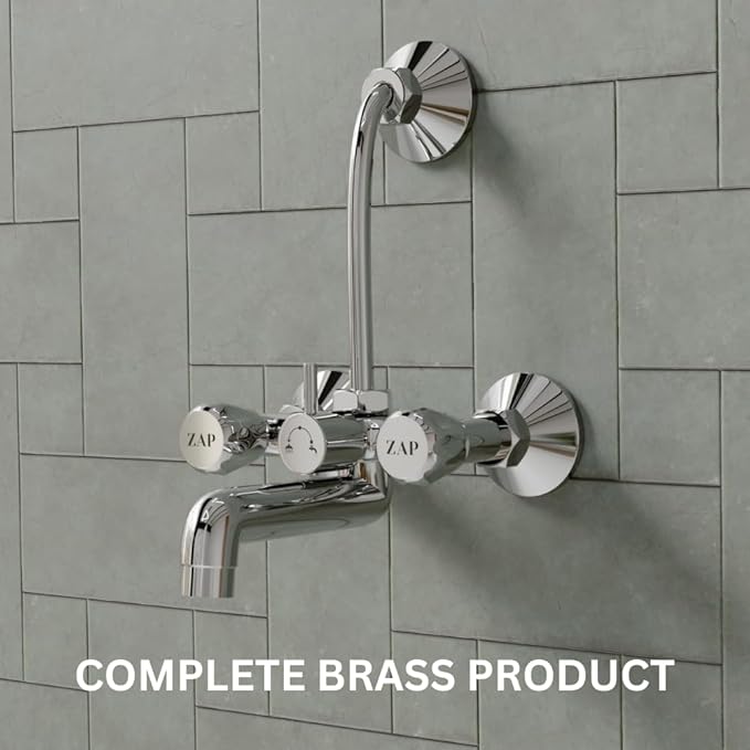 ZAP Continental Series Brass Wall Mixer with 3-Function Diverter | 4x4 Inch Overhead Shower Set with 125mm Bend Pipe | Premium Chrome Finish | Bathroom Fittings Combo Set