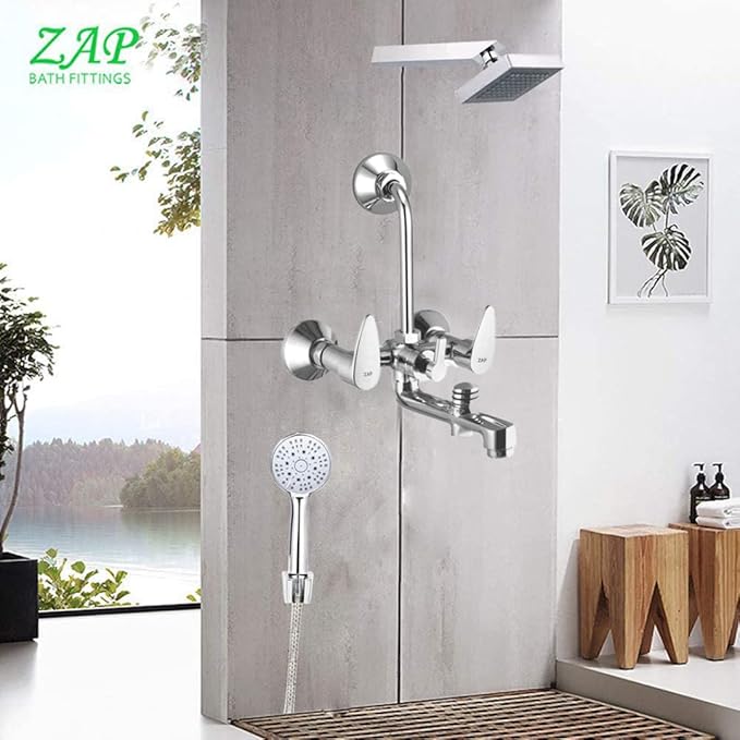ZAP Breeza Series 3-in-1 Wall Mixer with Crutch & Multi-Flow Hand Shower | Complete Brass | 1.5m Flexible Tube | Chrome Finish | Deluxe Bathroom Fittings Set