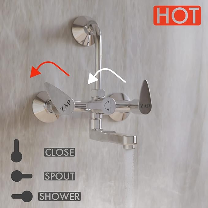 Zap Nova 2 In 1 Brass Wall Mixer with Provision for Overhead Shower and 125 mm Long Bend Pipe – Visible Hot/Cold with Faucet Cleaner Knobs