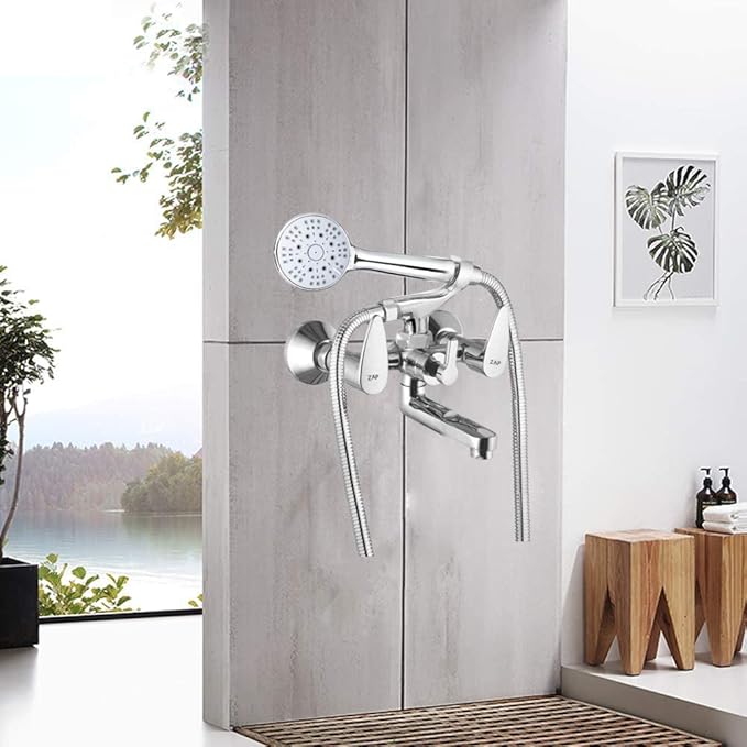 ZAP Nova Series 2-in-1 Wall Mixer with Clutch | Brass Body with Multi-Flow Hand Shower & 1.5m Stainless Steel Hose | Chrome Finish Bathroom Fixture