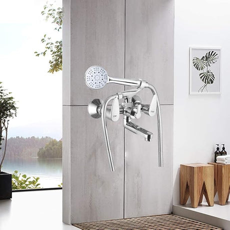 ZAP Nova Series 2-in-1 Wall Mixer with Clutch | Brass Body with Multi-Flow Hand Shower & 1.5m Stainless Steel Hose | Chrome Finish Bathroom Fixture