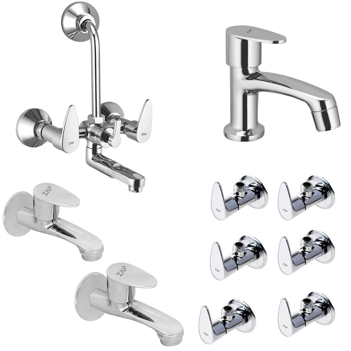 ZAP Brezza Series Bathroom Fittings Combo | 100% Brass | Includes 2-in-1 Wall Mixer, Pillar Cock, 2 Long Body Taps, 6 Angle Cocks (Washing Machine Compatible) | Chrome Finish | Made in India