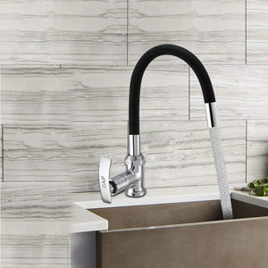 ZAP Soft High Grade Brass Kitchen Tap | Swan Neck Design | 360° Swivel Spout | Single Lever | Flexible Silicone Spout | Rust-Proof | Hot & Cold Mixer | Chrome Finish