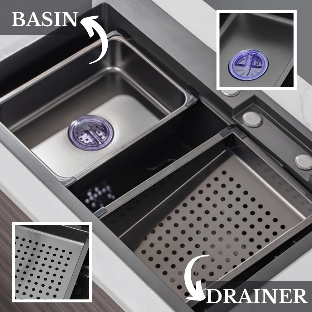 ZAP Waterfall 304 SS Kitchen Sink Set 45x20 Inch – Black Finish | Pull-Out Faucet, Chopping Board, Glass Rinser, Soap Dispenser & Strainer | Multi-Functional Farmhouse Sink with Accessories