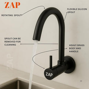 Black Brass Kitchen Wall Mounted Sink Tap with 360° Swivel Spout