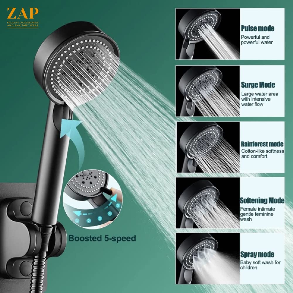 ZAP Black 9 Inch high-pressure multi-functional water flow with 5 unique spray modes Handheld Shower for Bathroom (Hand Shower Only)