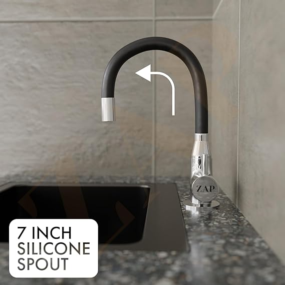 ZAP Swan Neck with Flexible Swivel Spout | Single Flow Sink Mixer | Black Silicone Spout Brass Faucet | Hot & Cold Sink Mixer Tap | Tap for Kitchen Sink | Wash Basin Mixer | Pillar Tap