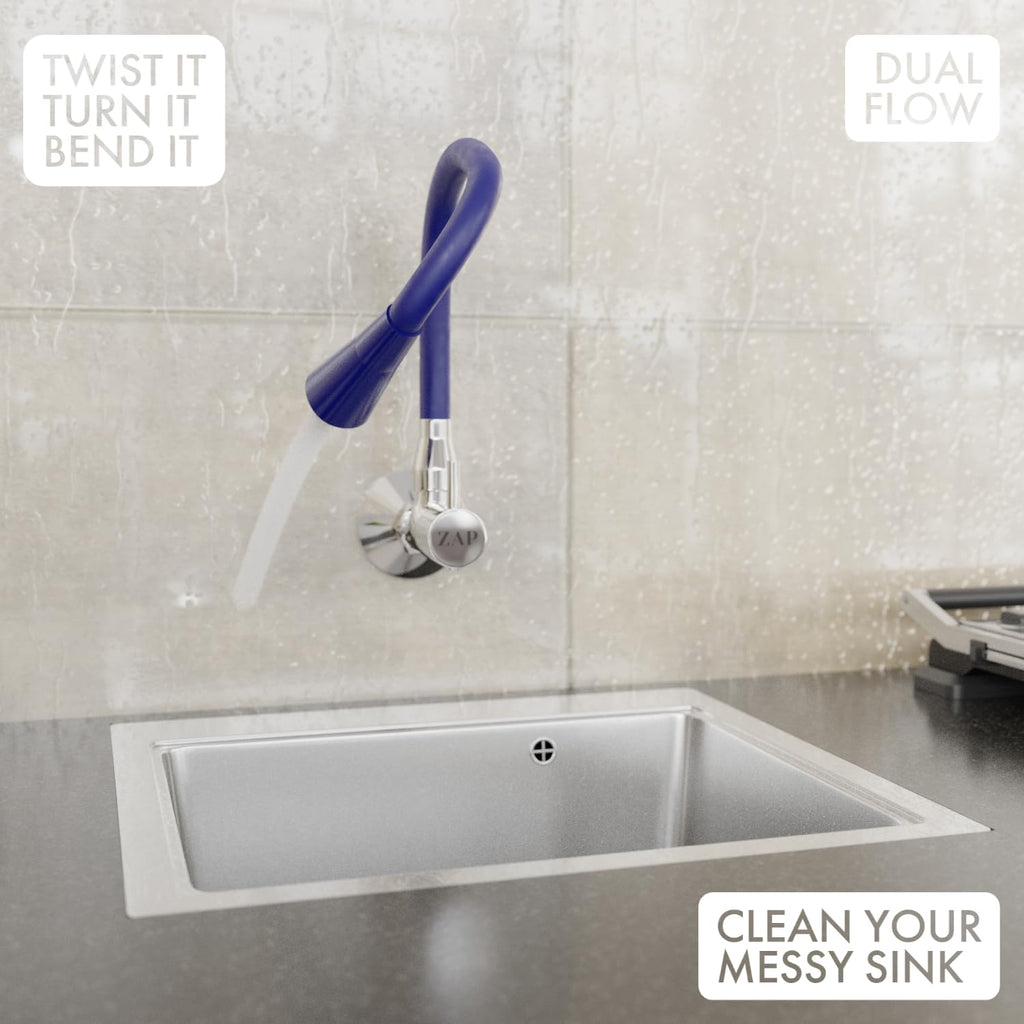 ZAP Elixir Brass Sink Cock – Modern Blue & Chrome Finish Kitchen Faucet | Wall Mounted Tap with 360° Flexible Dual Flow Spout | Rust-Free, Water-Saving Aerator | Ideal for Modular Kitchens