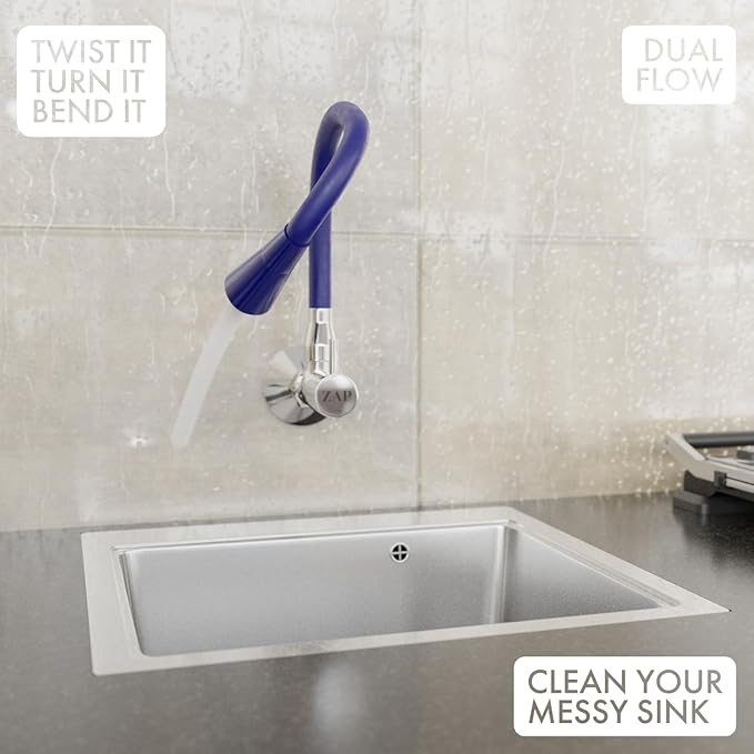 ZAP Elixir Brass Sink Cock | Chrome Finish Kitchen Faucet | Flexible 360° Dual Flow Spout Tap | Wall Mounted | Rust-Resistant | Water Saving Aerator | Ideal for Modular Kitchens (Blue)