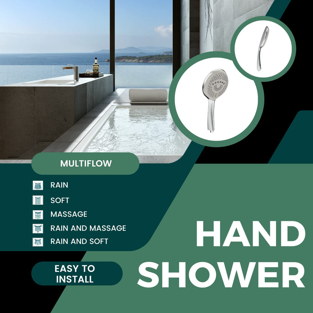 BX8864 Hand Shower With Flexible Silicone Nozzles, Multi-Flow, Stainless Steel Finish, Lightweight, Great Grip, Precise Water Flow(Ultra Modern Sleek, Rain, Soft, Massage, Rain & massage, Rain & Soft Spray)