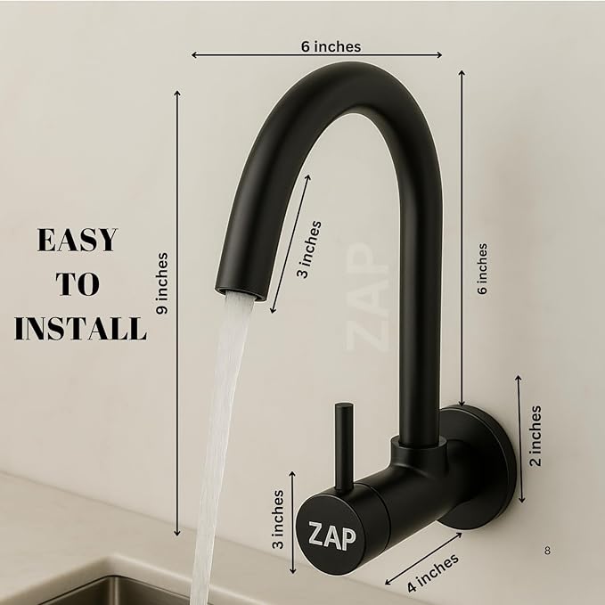 Black Brass Kitchen Wall Mounted Sink Tap with 360° Swivel Spout