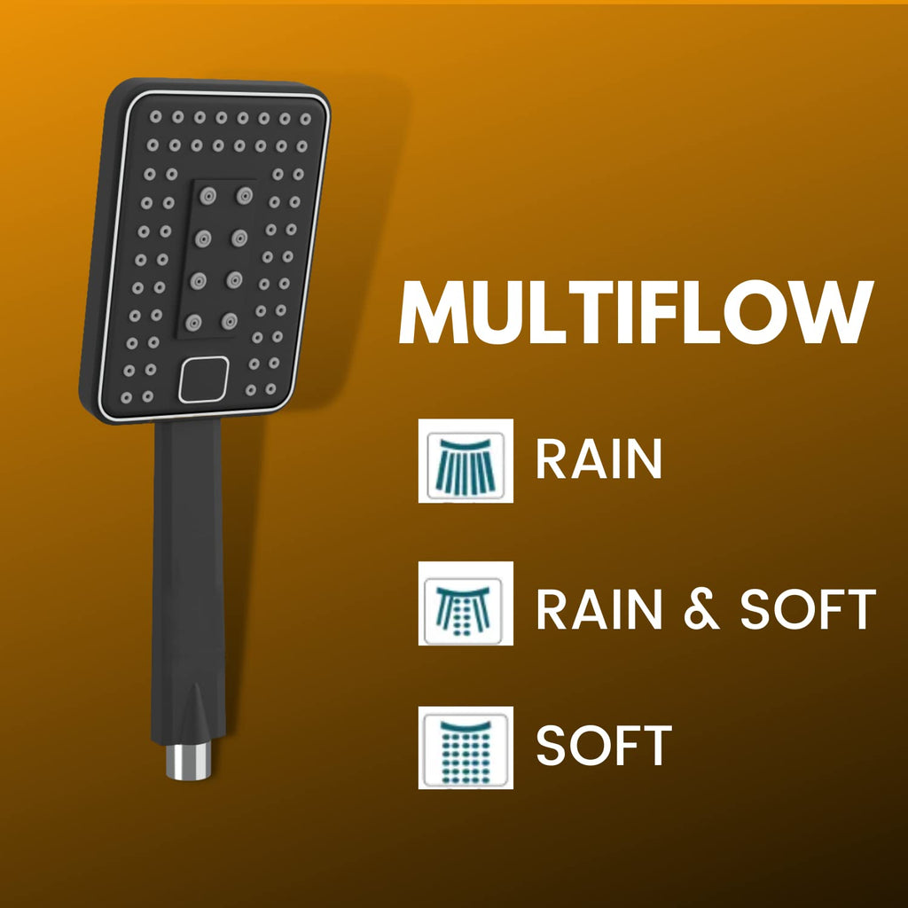 FX6543 Hand Shower With Flexible Silicone Nozzles, Stainless Steel Finish, Lightweight, Great Grip, Precise Water Flow, Multi-Flow, m(Ultra Modern Sleek, Rain, Soft, Rain & Soft Spray) Black