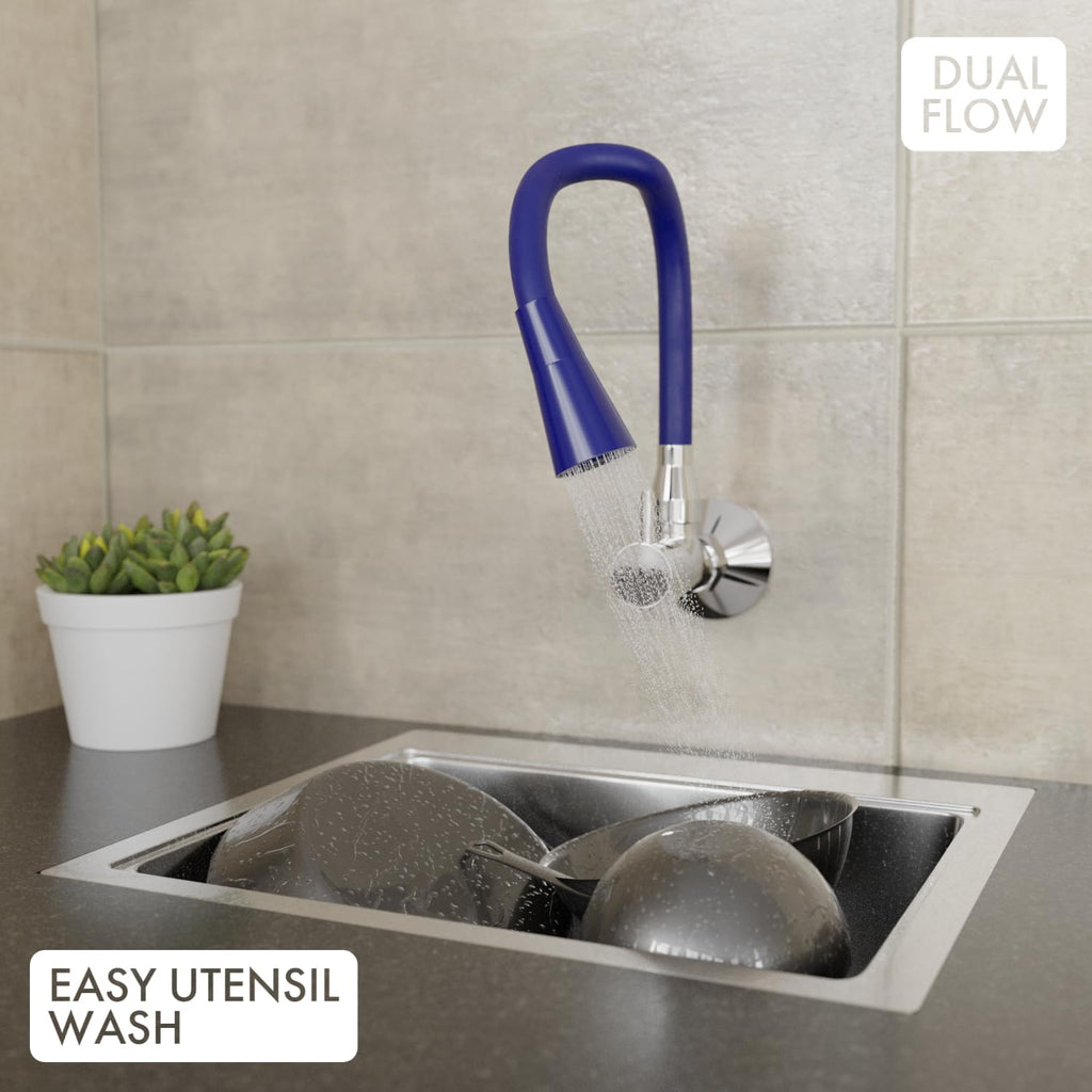 ZAP Elixir Brass Sink Cock – Modern Blue & Chrome Finish Kitchen Faucet | Wall Mounted Tap with 360° Flexible Dual Flow Spout | Rust-Free, Water-Saving Aerator | Ideal for Modular Kitchens