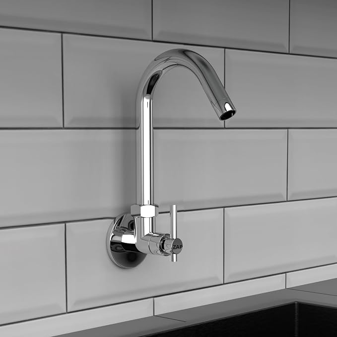 ZAP Terrim Heavy Wall-Mount Kitchen Sink Tap with 360° Swivel Spout | Chrome Finish Brass Sink Cock with Flange | 7-Year Warranty | Kitchen & Basin Faucet