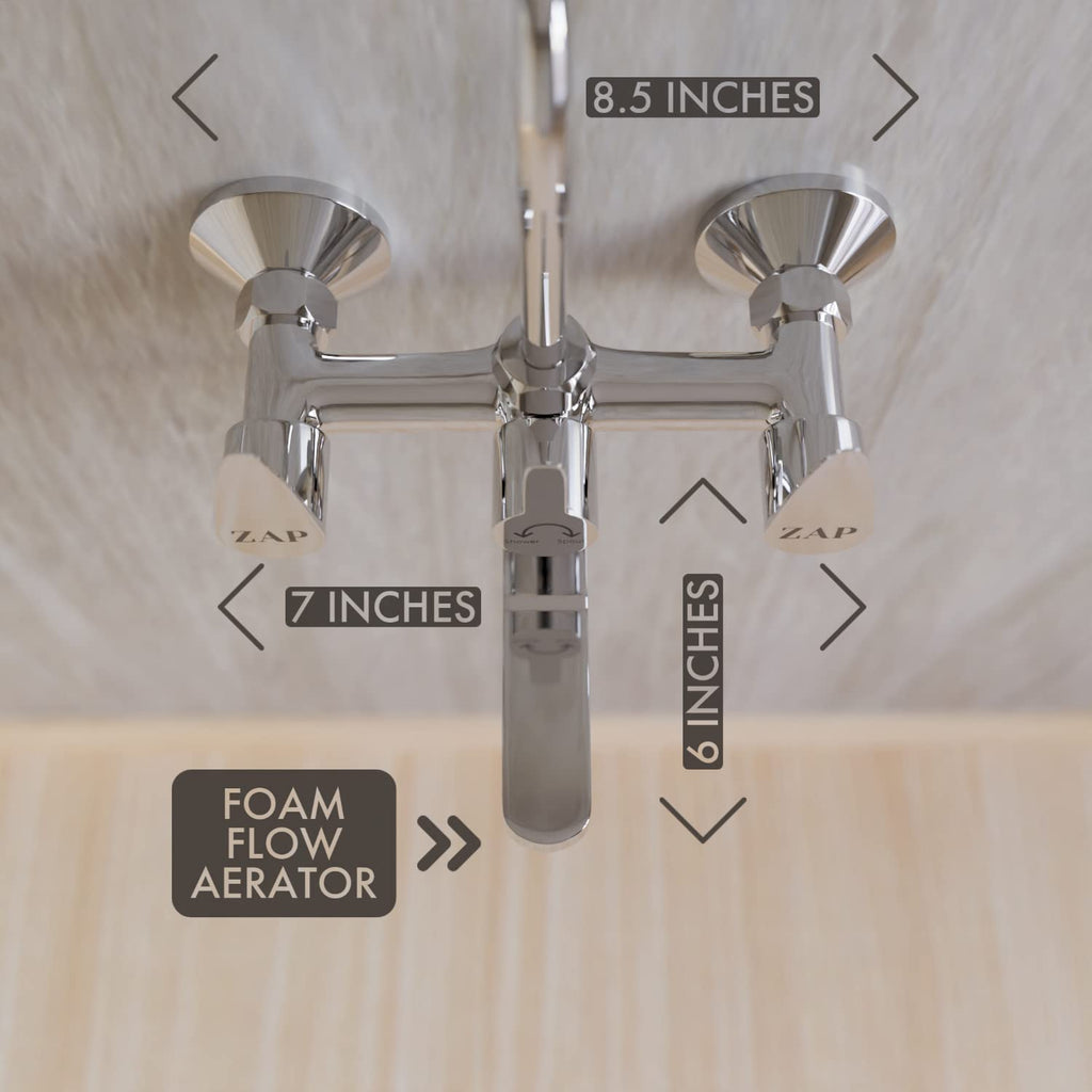 Zap Nova 2 In 1 Brass Wall Mixer with Provision for Overhead Shower and 125 mm Long Bend Pipe – Visible Hot/Cold with Faucet Cleaner Knobs