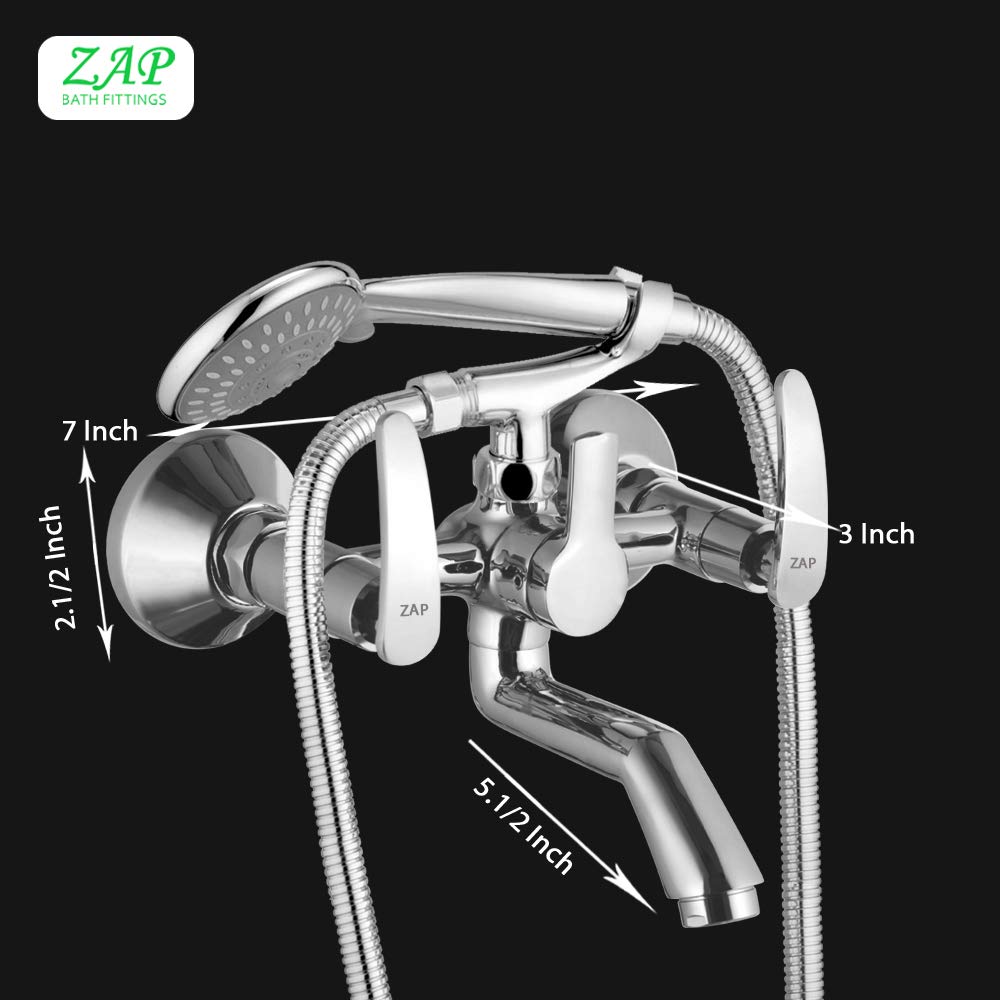 ZAP Arrow 2-in-1 Wall Mixer with Clutch | Brass Body with Multi-Flow Hand Shower & 1.5m Flexible Stainless Steel Tube | Chrome Finish Bathroom Tap Fitting
