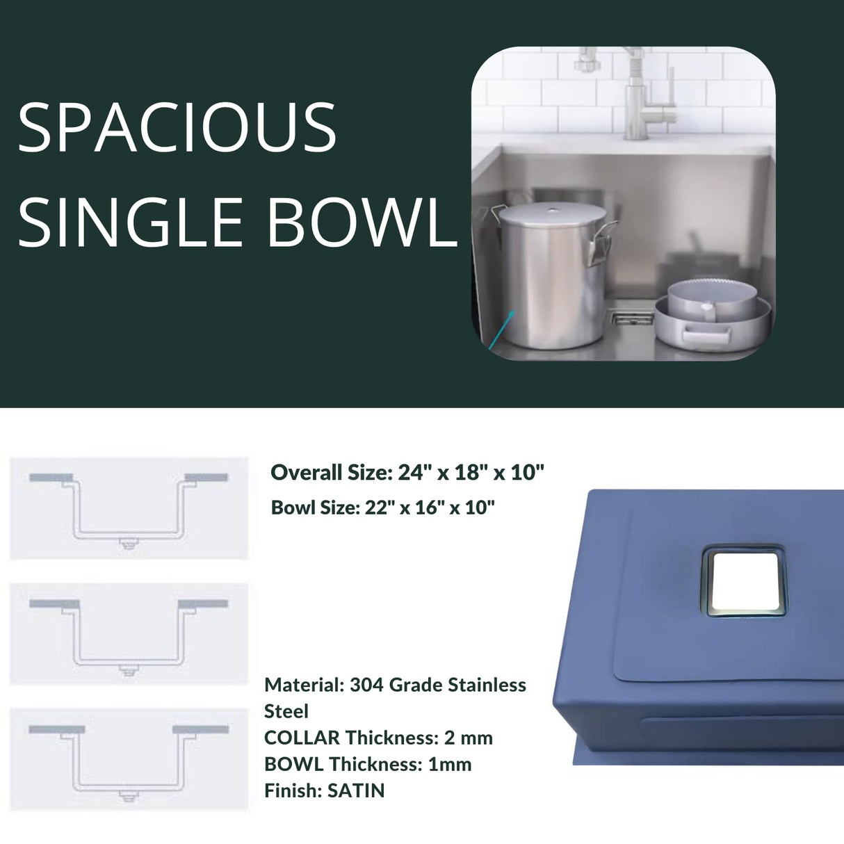 Zap Kitchen Sink Single Bowl 24x18 Inch | Black Finish | 304 Stainless Steel | Dual Water Aerator, Drainer Basket, Waste Pipe & Coupling | R Angle Corners | Smooth Drainage | Noise Reduction Pads