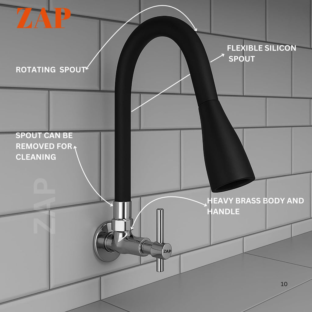 ZAP Terrim Flexible Kitchen Sink Tap with Pull-Down Sprayer | 360° Rotatable Faucet | Dual Flow Water Outlet | Black Silicone | Durable Brass Body