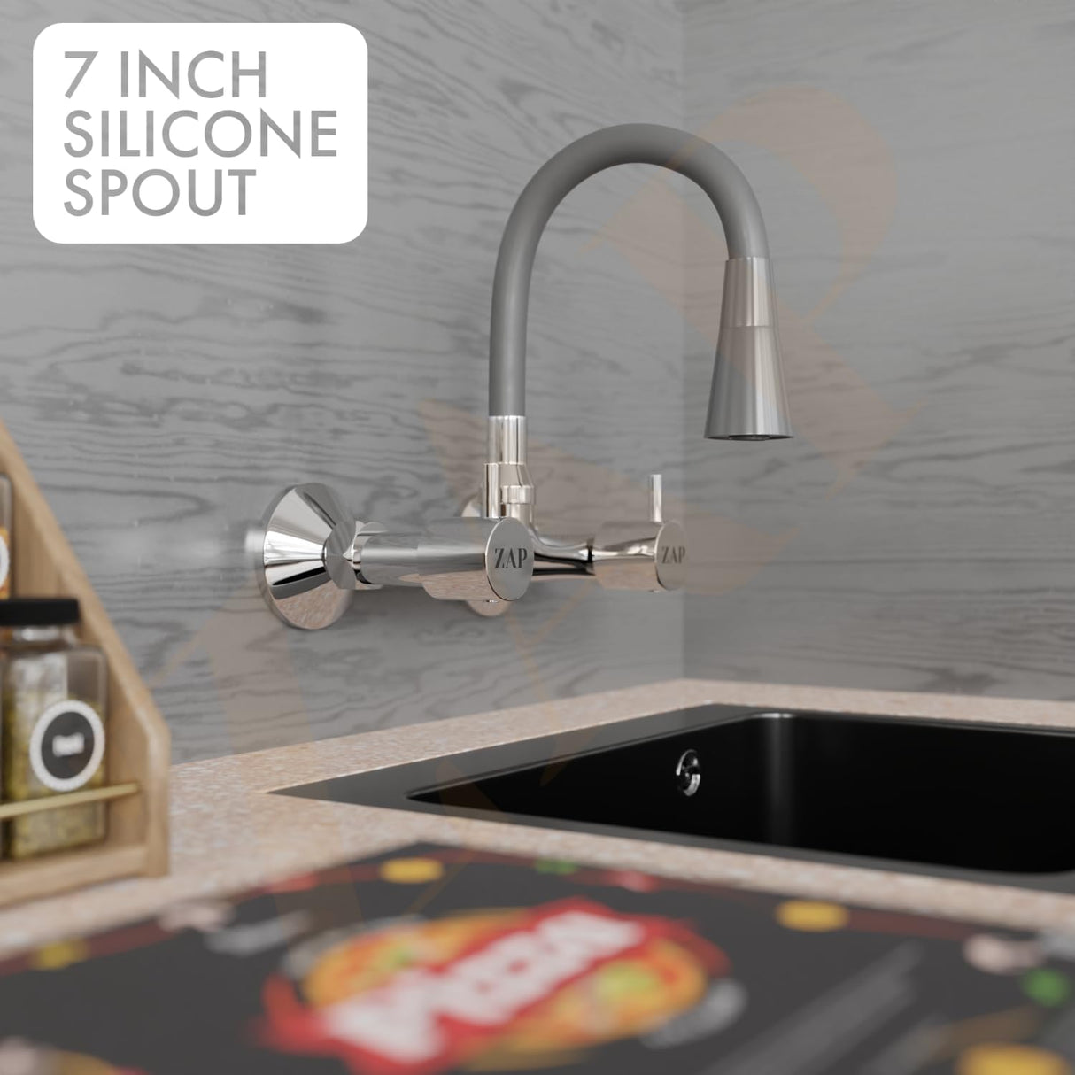 ZAP Elixir Series Sink Mixer – Brass Kitchen Faucet with 7-Inch Flexible Silicone Spout | Dual Flow Hot & Cold Water Tap | Counter Mount Sink Mixer for Modern Kitchens