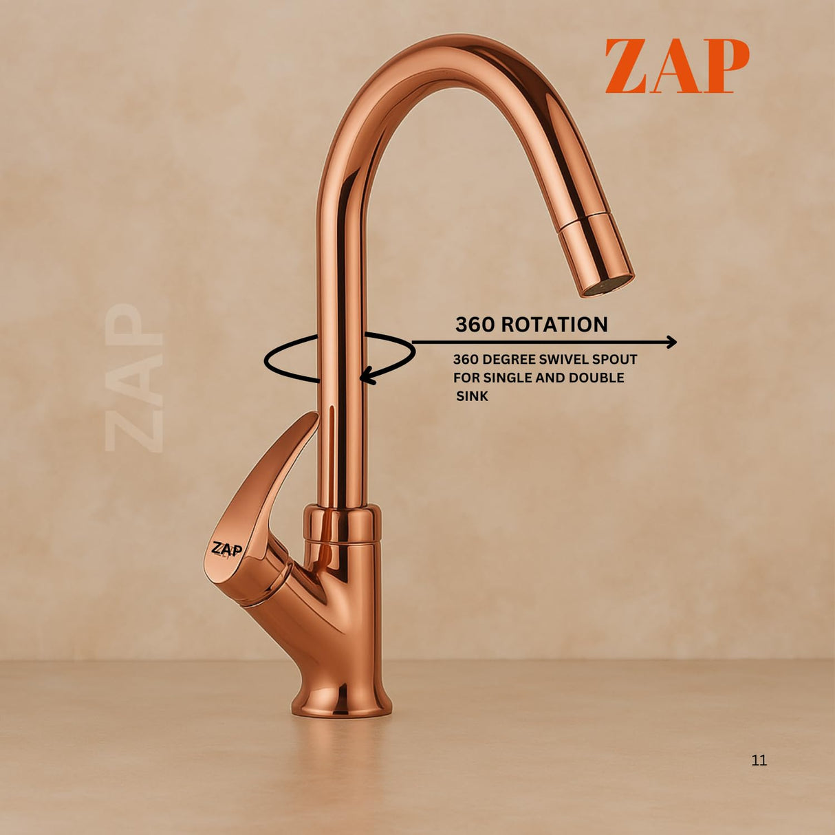 Zap Rose Gold Swan Neck Kitchen Sink Tap with 360° Swivel Spout | Premium Pillar Faucet for Kitchen & Wash Basin | Brass Tap for Sink | Sleek Design | Rust-Resistant | Easy Installation