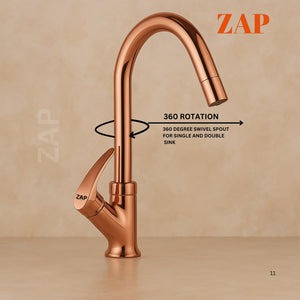 Zap Rose Gold Swan Neck Kitchen Sink Tap with 360° Swivel Spout | Premium Pillar Faucet for Kitchen & Wash Basin | Brass Tap for Sink | Sleek Design | Rust-Resistant | Easy Installation