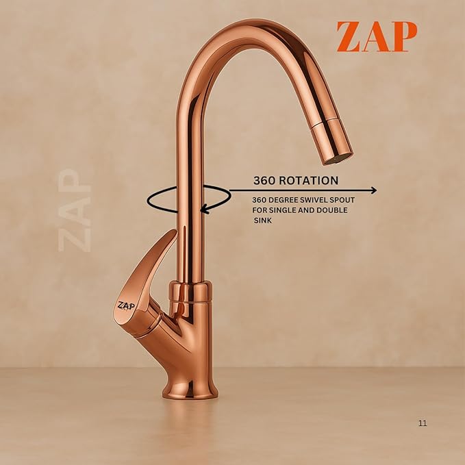 ZAP Rose Gold Swan Neck Kitchen Sink Tap – 360° Swivel Spout, Brass Pillar Faucet for Kitchen & Wash Basin