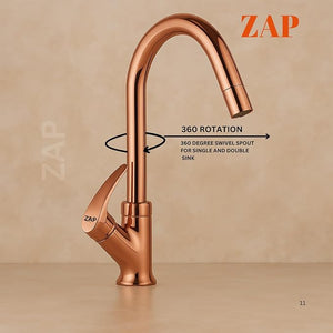 ZAP Rose Gold Swan Neck Kitchen Sink Tap – 360° Swivel Spout, Brass Pillar Faucet for Kitchen & Wash Basin