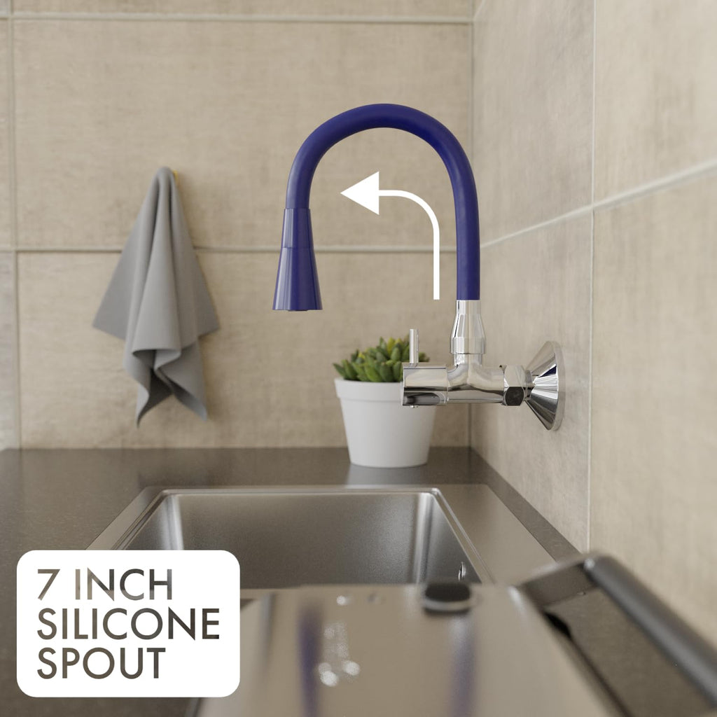 ZAP Elixir Brass Sink Cock – Modern Blue & Chrome Finish Kitchen Faucet | Wall Mounted Tap with 360° Flexible Dual Flow Spout | Rust-Free, Water-Saving Aerator | Ideal for Modular Kitchens