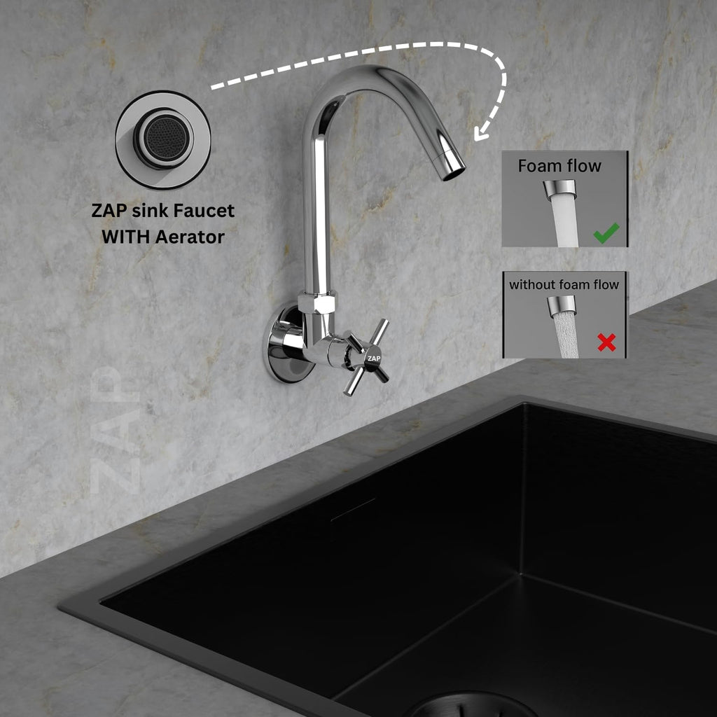 ZAP Caster Wall-Mount Kitchen Sink Tap with 360° Swivel Spout | Chrome Finish Brass Sink Cock with Flange | 7-Year Warranty | Tap for Kitchen Sink & Basin