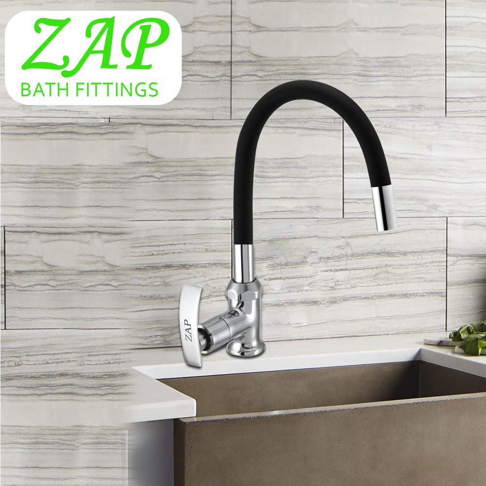 ZAP Soft High Grade Brass Kitchen Tap | Swan Neck Design | 360° Swivel Spout | Single Lever | Flexible Silicone Spout | Rust-Proof | Hot & Cold Mixer | Chrome Finish