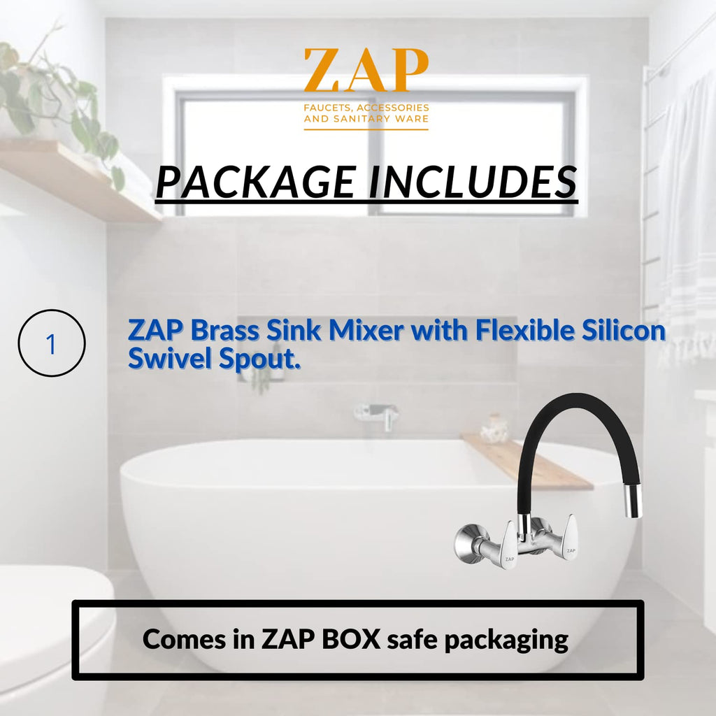 ZAP Elixir 3453 Brass Sink Mixer – Wall Mounted Kitchen Tap with Flexible Silicone Swivel Spout | Hot & Cold Water Faucet | Chrome Finish Sink Mixer for Modular Kitchens