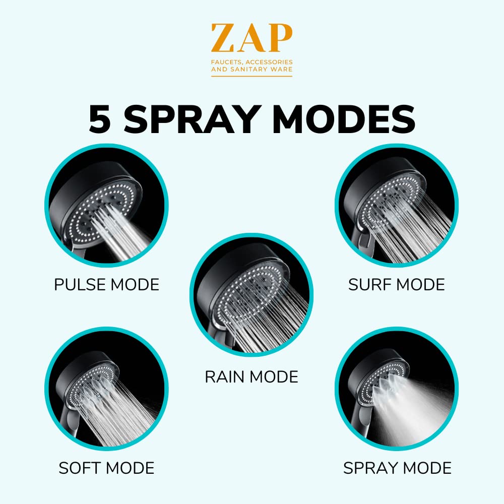 Zap Black 9 Inch high-pressure multi-functional water flow with 5 unique spray modes Handheld Shower for Bathroom (Hand Shower Only)